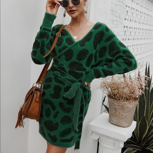 🆕🔥Leopard V Neck Tie Belt Sweater Dress Jade - Picture 4 of 6